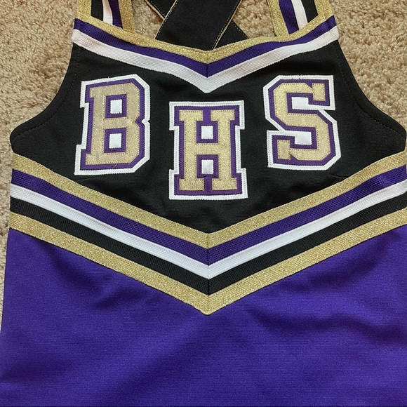 purple / gold / black / white Varsity real high school cheerleading uniform - Picture 3 of 14